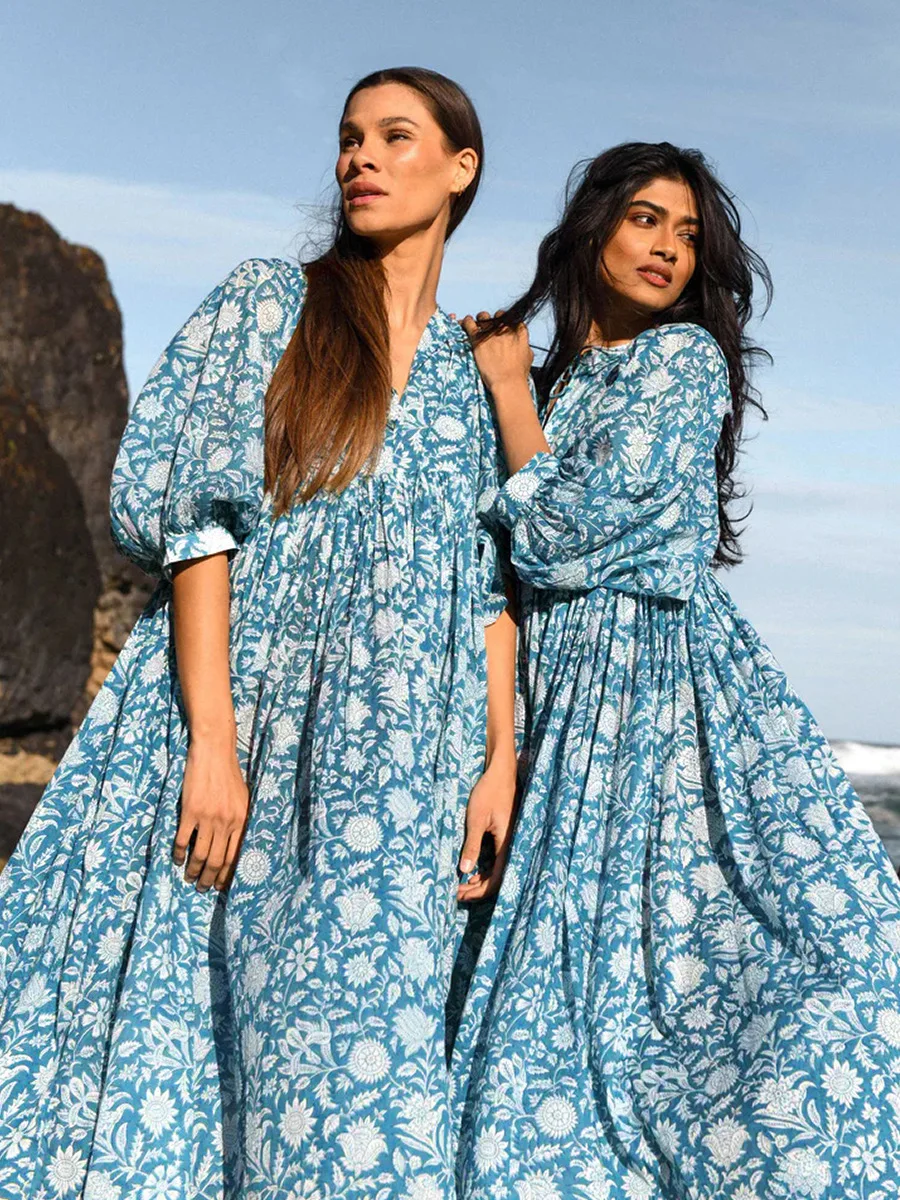 Women Bohemian Floral Print Maxi Dress Elegant 3/4 Sleeve O Neck Lace Up Loose Midi Dress Casual Vacation Beach Sundress 2023 Women Bohemian Floral Print Maxi Dress Elegant 3/4 Sleeve O Neck Lace Up Loose Midi Dress Casual Vacation Beach Sundress 2023