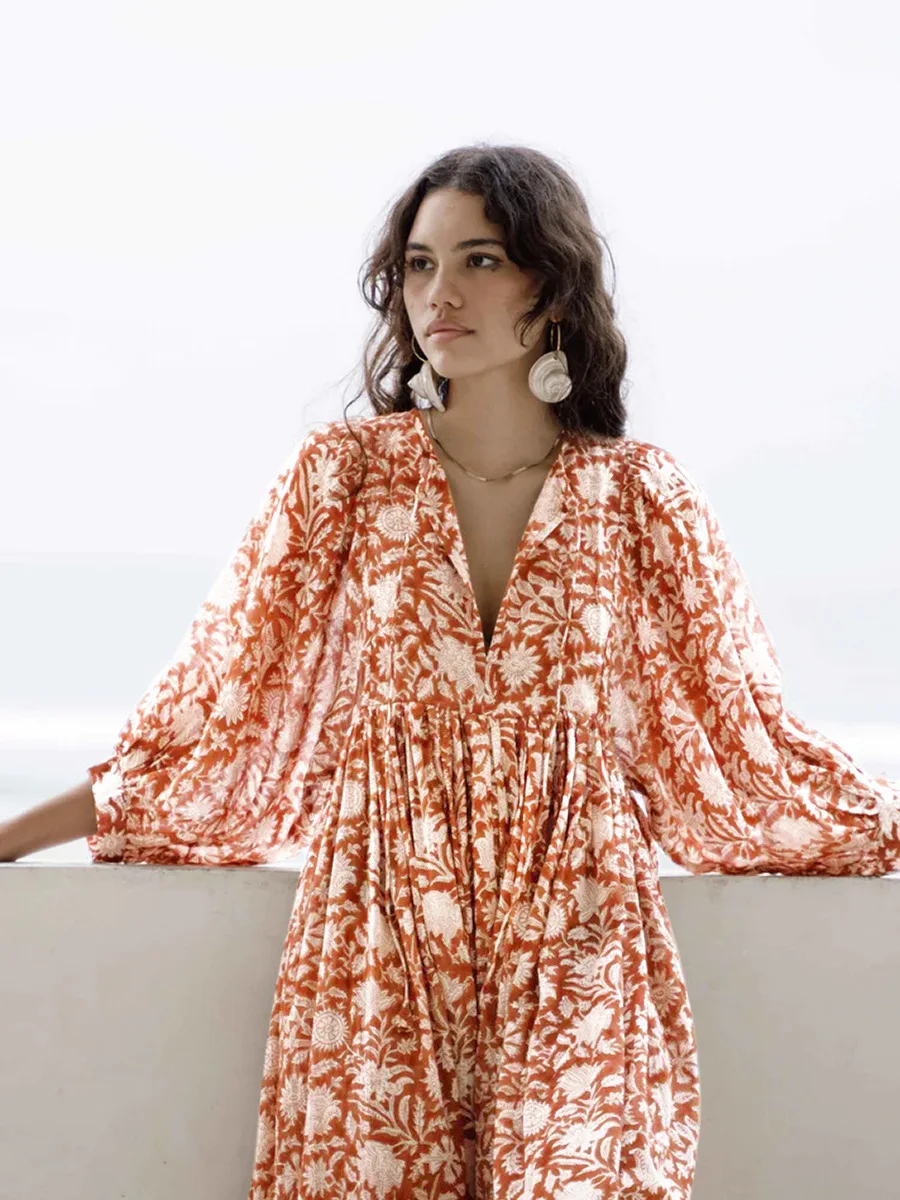 Women Bohemian Floral Print Maxi Dress Elegant 3/4 Sleeve O Neck Lace Up Loose Midi Dress Casual Vacation Beach Sundress 2023 Women Bohemian Floral Print Maxi Dress Elegant 3/4 Sleeve O Neck Lace Up Loose Midi Dress Casual Vacation Beach Sundress 2023