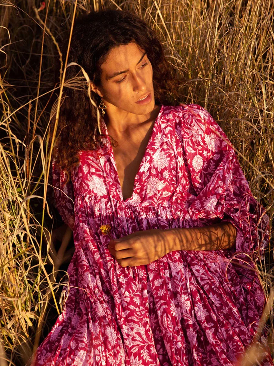 Women Bohemian Floral Print Maxi Dress Elegant 3/4 Sleeve O Neck Lace Up Loose Midi Dress Casual Vacation Beach Sundress 2023 Women Bohemian Floral Print Maxi Dress Elegant 3/4 Sleeve O Neck Lace Up Loose Midi Dress Casual Vacation Beach Sundress 2023