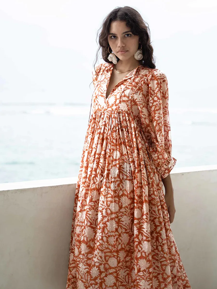Women Bohemian Floral Print Maxi Dress Elegant 3/4 Sleeve O Neck Lace Up Loose Midi Dress Casual Vacation Beach Sundress 2023 Women Bohemian Floral Print Maxi Dress Elegant 3/4 Sleeve O Neck Lace Up Loose Midi Dress Casual Vacation Beach Sundress 2023