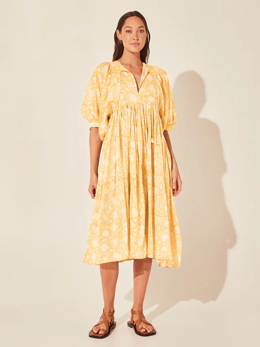 Women Bohemian Floral Print Maxi Dress Elegant 3/4 Sleeve O Neck Lace Up Loose Midi Dress Casual Vacation Beach Sundress 2023 Women Bohemian Floral Print Maxi Dress Elegant 3/4 Sleeve O Neck Lace Up Loose Midi Dress Casual Vacation Beach Sundress 2023