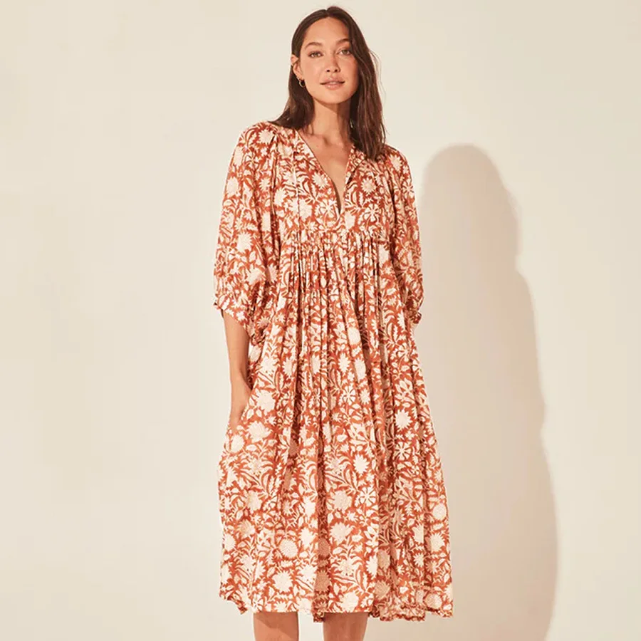 Women Bohemian Floral Print Maxi Dress Elegant 3/4 Sleeve O Neck Lace Up Loose Midi Dress Casual Vacation Beach Sundress 2023 Women Bohemian Floral Print Maxi Dress Elegant 3/4 Sleeve O Neck Lace Up Loose Midi Dress Casual Vacation Beach Sundress 2023