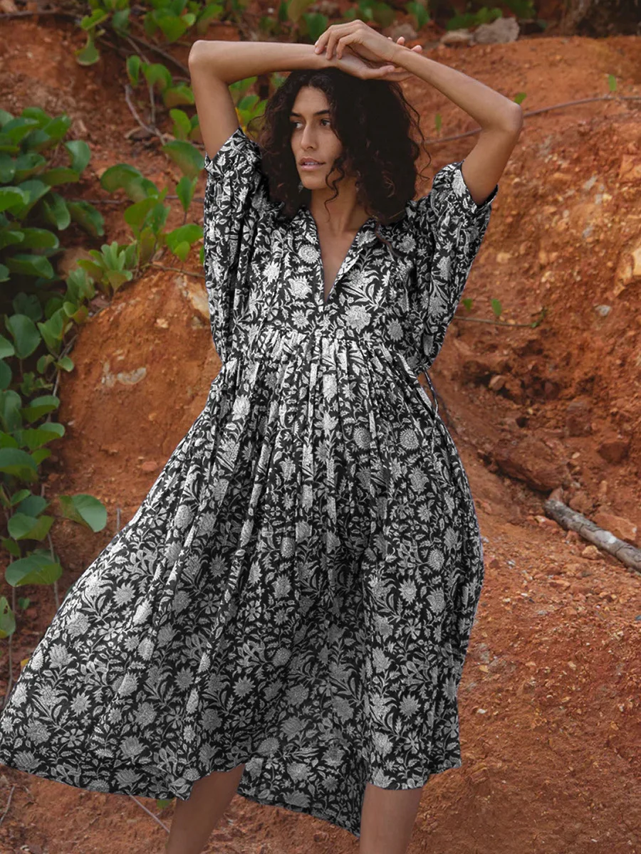 Women Bohemian Floral Print Maxi Dress Elegant 3/4 Sleeve O Neck Lace Up Loose Midi Dress Casual Vacation Beach Sundress 2023 Women Bohemian Floral Print Maxi Dress Elegant 3/4 Sleeve O Neck Lace Up Loose Midi Dress Casual Vacation Beach Sundress 2023