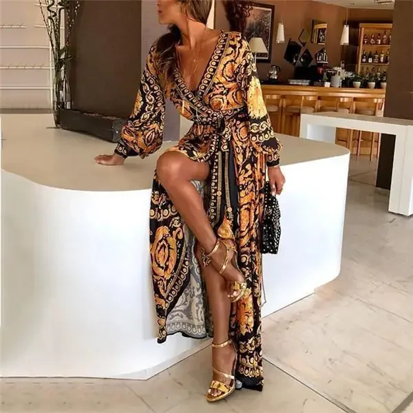 Women Retro Printed Long Sleeve Summer Casual Bohemian V Neck Big Swing Split Long Robe Maxi Dresses