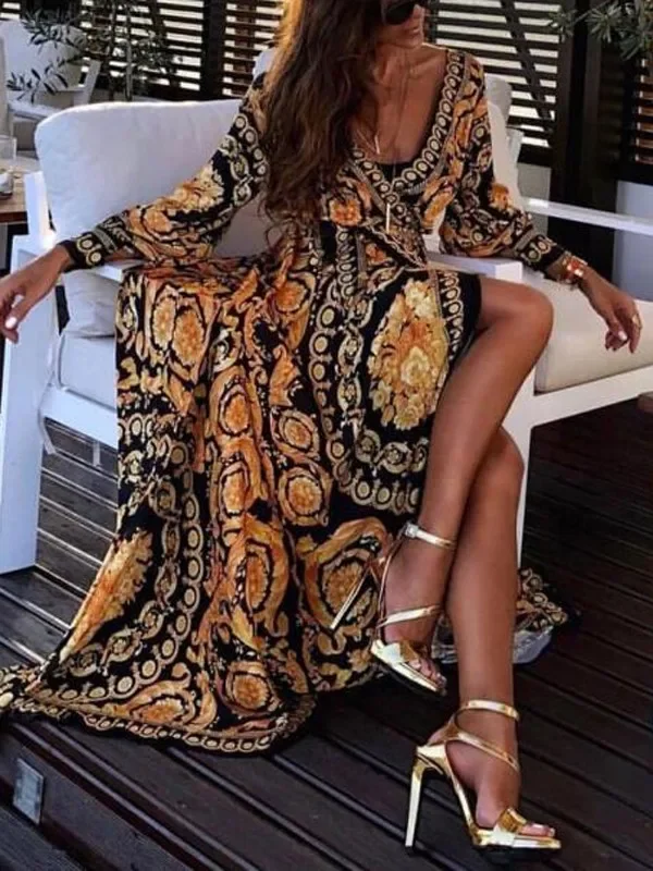 Women Retro Printed Long Sleeve Summer Casual Bohemian V Neck Big Swing Split Long Robe Maxi Dresses