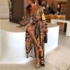 Women Retro Printed Long Sleeve Summer Casual Bohemian V Neck Big Swing Split Long Robe Maxi Dresses