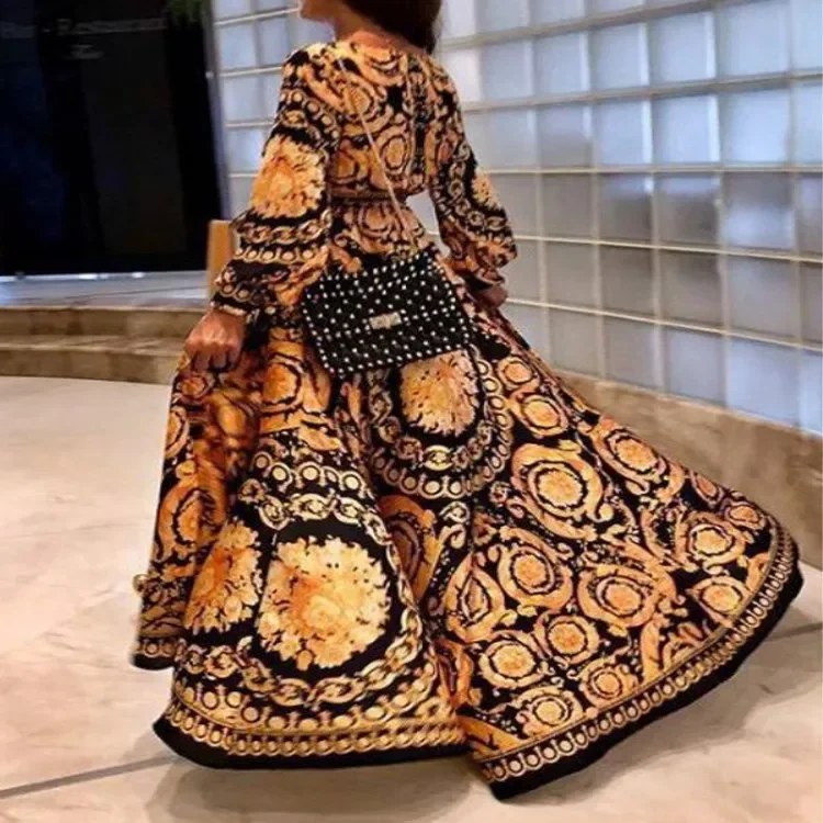 Women Retro Printed Long Sleeve Summer Casual Bohemian V Neck Big Swing Split Long Robe Maxi Dresses