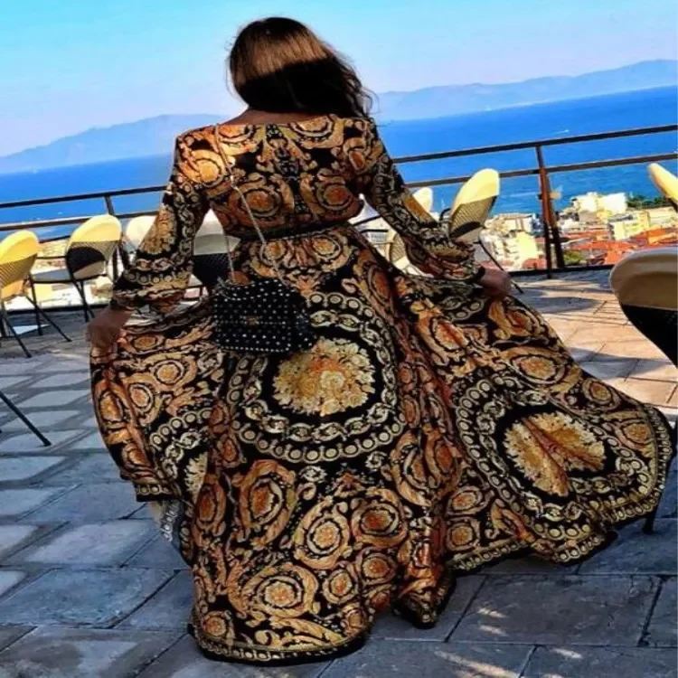 Women Retro Printed Long Sleeve Summer Casual Bohemian V Neck Big Swing Split Long Robe Maxi Dresses