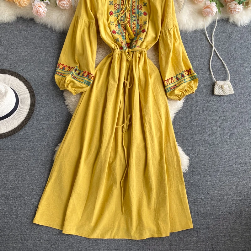 Spring Autumn Linen Lndie Folk Dress Woman Embroidery Long Sleeve Dress Elegant Boho White Clothes Dresses for Women GD629
