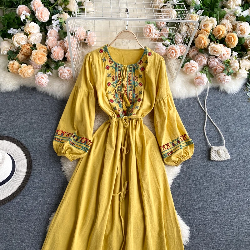 Spring Autumn Linen Lndie Folk Dress Woman Embroidery Long Sleeve Dress Elegant Boho White Clothes Dresses for Women GD629