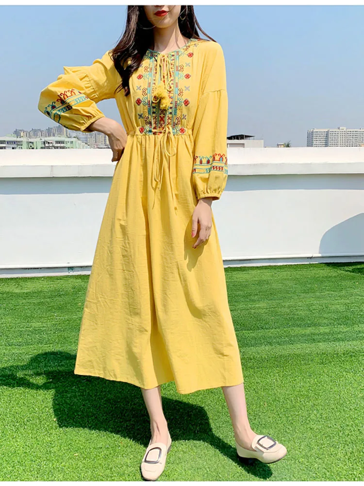 Spring Autumn Linen Lndie Folk Dress Woman Embroidery Long Sleeve Dress Elegant Boho White Clothes Dresses for Women GD629