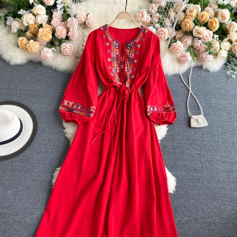 Spring Autumn Linen Lndie Folk Dress Woman Embroidery Long Sleeve Dress Elegant Boho White Clothes Dresses for Women GD629