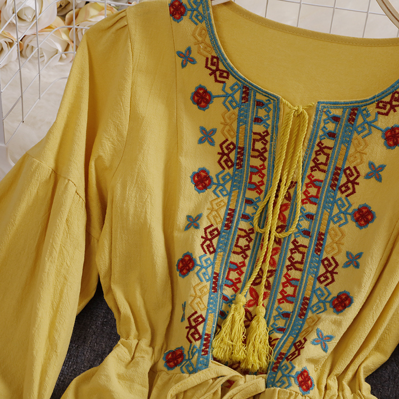 Spring Autumn Linen Lndie Folk Dress Woman Embroidery Long Sleeve Dress Elegant Boho White Clothes Dresses for Women GD629