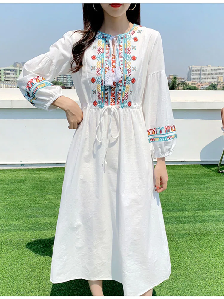 Spring Autumn Linen Lndie Folk Dress Woman Embroidery Long Sleeve Dress Elegant Boho White Clothes Dresses for Women GD629