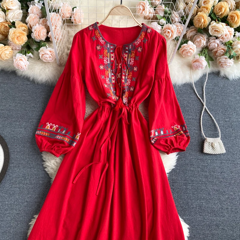 Spring Autumn Linen Lndie Folk Dress Woman Embroidery Long Sleeve Dress Elegant Boho White Clothes Dresses for Women GD629