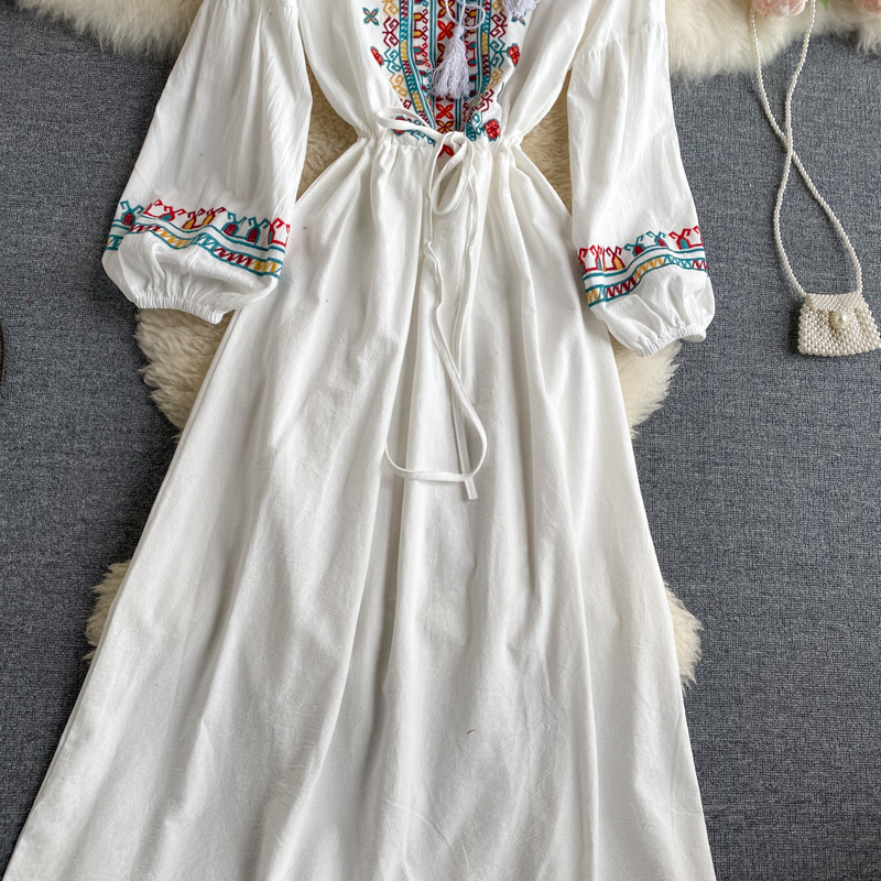 Spring Autumn Linen Lndie Folk Dress Woman Embroidery Long Sleeve Dress Elegant Boho White Clothes Dresses for Women GD629