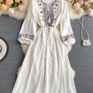 Spring Autumn Linen Lndie Folk Dress Woman Embroidery Long Sleeve Dress Elegant Boho White Clothes Dresses for Women GD629