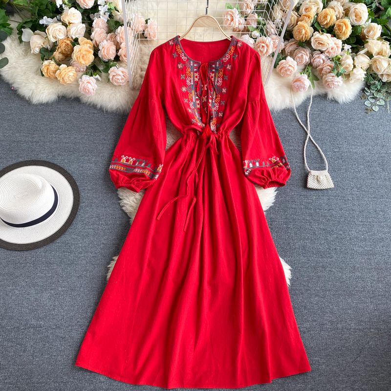 Spring Autumn Linen Lndie Folk Dress Woman Embroidery Long Sleeve Dress Elegant Boho White Clothes Dresses for Women GD629