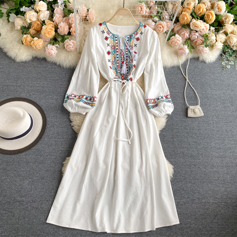 Spring Autumn Linen Lndie Folk Dress Woman Embroidery Long Sleeve Dress Elegant Boho White Clothes Dresses for Women GD629