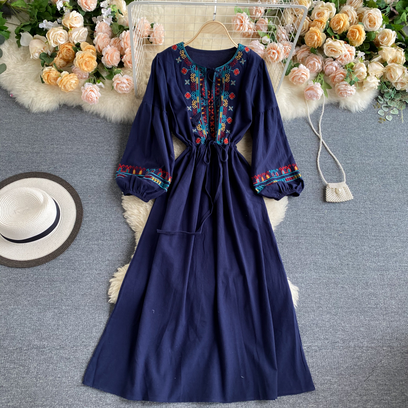 Spring Autumn Linen Lndie Folk Dress Woman Embroidery Long Sleeve Dress Elegant Boho White Clothes Dresses for Women GD629