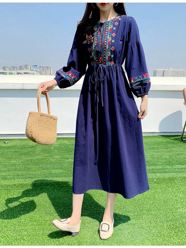 Spring Autumn Linen Lndie Folk Dress Woman Embroidery Long Sleeve Dress Elegant Boho White Clothes Dresses for Women GD629