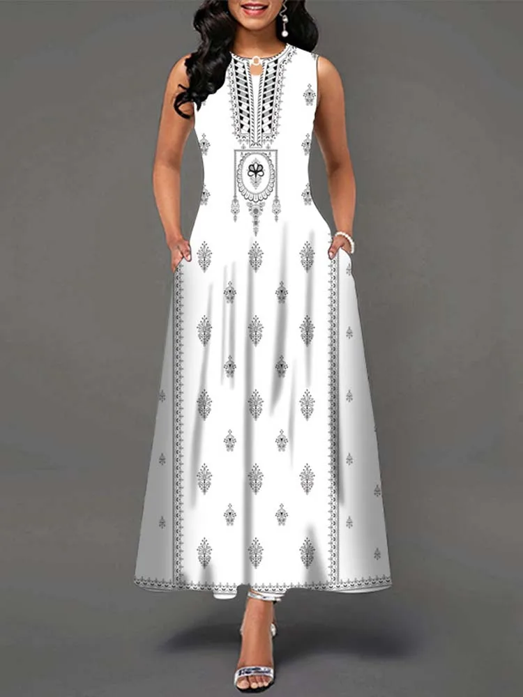 Elegant Summer Boho Long Dress Sleeveless Casual Floral Print Maxi Dress for Women Perfect for Beach Party