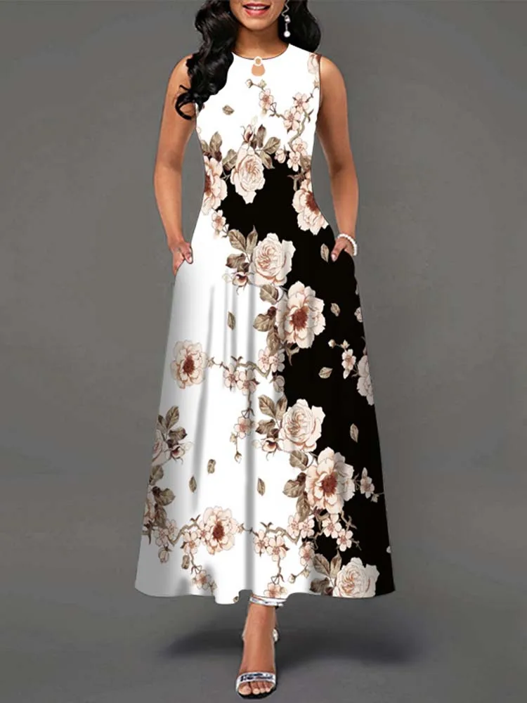 Elegant Summer Boho Long Dress Sleeveless Casual Floral Print Maxi Dress for Women Perfect for Beach Party