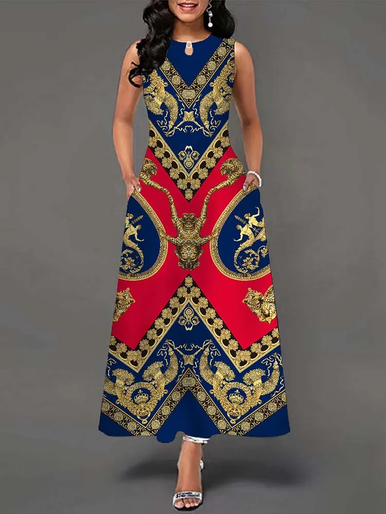 Elegant Summer Boho Long Dress Sleeveless Casual Floral Print Maxi Dress for Women Perfect for Beach Party