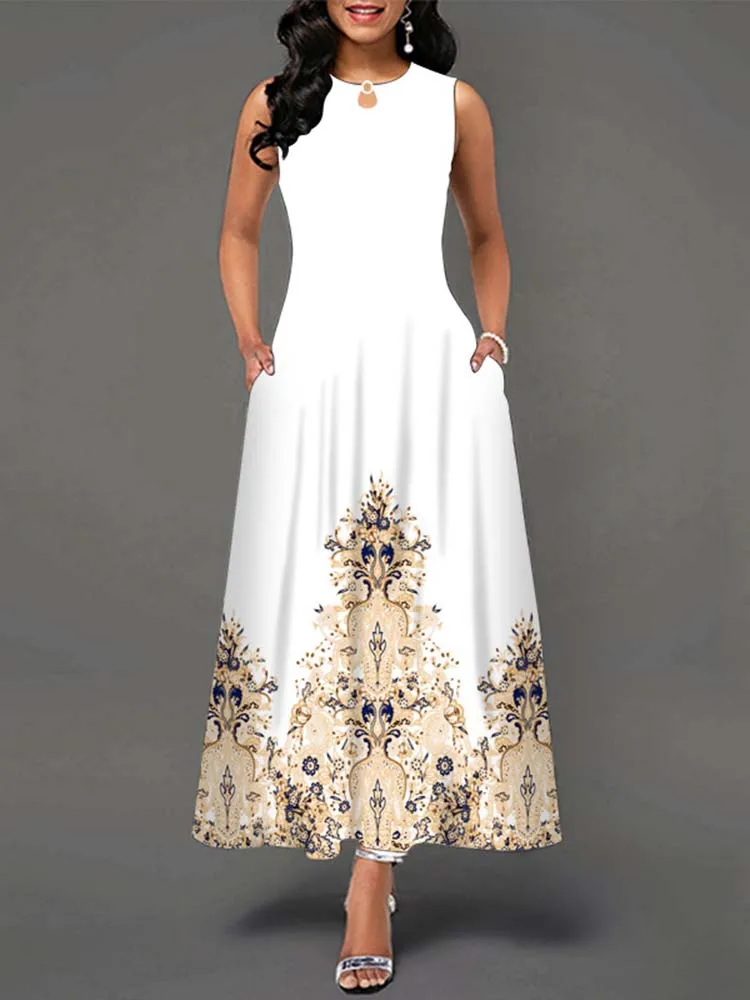 Elegant Summer Boho Long Dress Sleeveless Casual Floral Print Maxi Dress for Women Perfect for Beach Party
