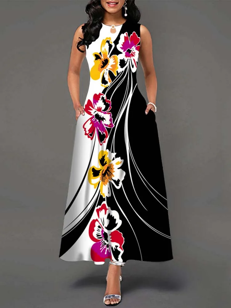 Elegant Summer Boho Long Dress Sleeveless Casual Floral Print Maxi Dress for Women Perfect for Beach Party
