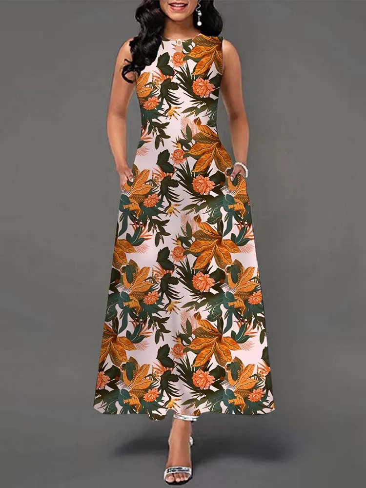 Elegant Summer Boho Long Dress Sleeveless Casual Floral Print Maxi Dress for Women Perfect for Beach Party