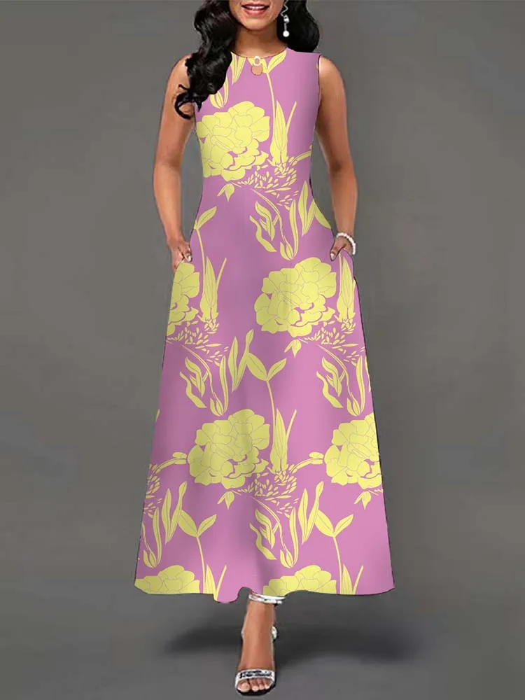 Elegant Summer Boho Long Dress Sleeveless Casual Floral Print Maxi Dress for Women Perfect for Beach Party