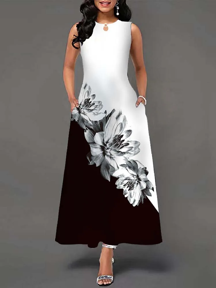 Elegant Summer Boho Long Dress Sleeveless Casual Floral Print Maxi Dress for Women Perfect for Beach Party