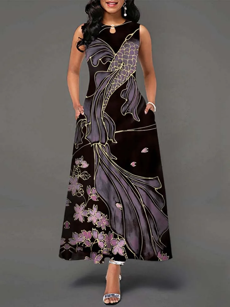 Elegant Summer Boho Long Dress Sleeveless Casual Floral Print Maxi Dress for Women Perfect for Beach Party