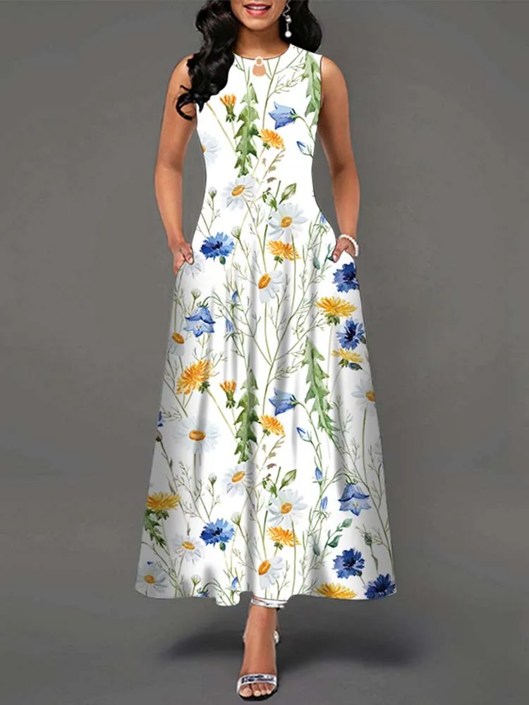 Elegant Summer Boho Long Dress Sleeveless Casual Floral Print Maxi Dress for Women Perfect for Beach Party