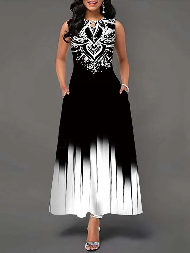 Elegant Summer Boho Long Dress Sleeveless Casual Floral Print Maxi Dress for Women Perfect for Beach Party