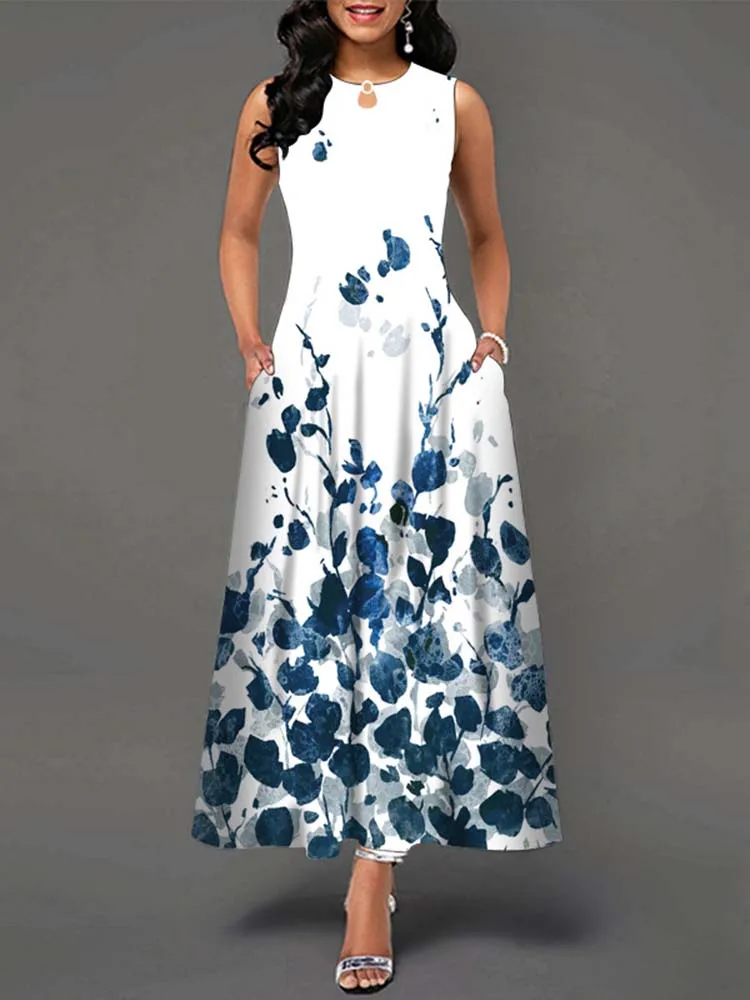 Elegant Summer Boho Long Dress Sleeveless Casual Floral Print Maxi Dress for Women Perfect for Beach Party