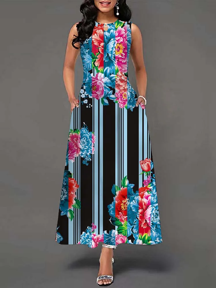 Elegant Summer Boho Long Dress Sleeveless Casual Floral Print Maxi Dress for Women Perfect for Beach Party