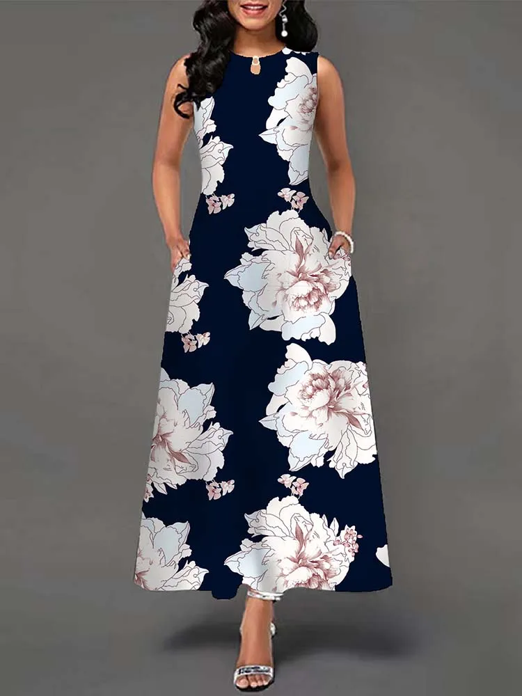 Elegant Summer Boho Long Dress Sleeveless Casual Floral Print Maxi Dress for Women Perfect for Beach Party