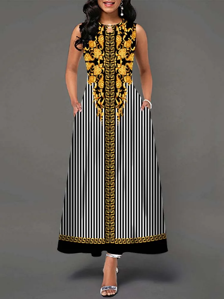 Elegant Summer Boho Long Dress Sleeveless Casual Floral Print Maxi Dress for Women Perfect for Beach Party