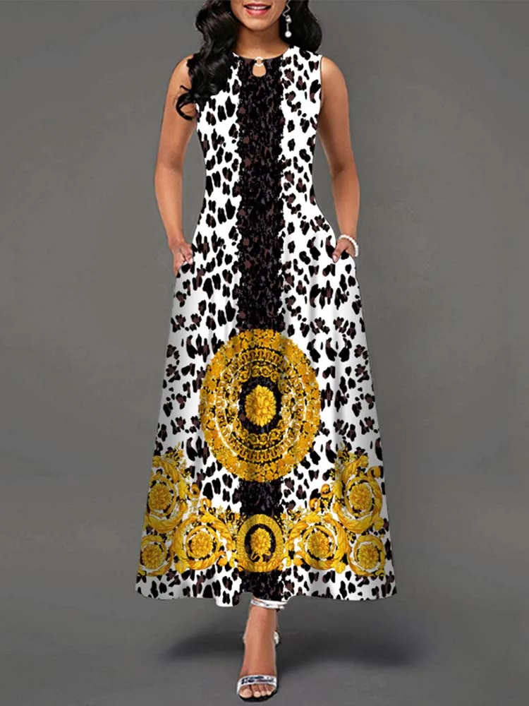 Elegant Summer Boho Long Dress Sleeveless Casual Floral Print Maxi Dress for Women Perfect for Beach Party