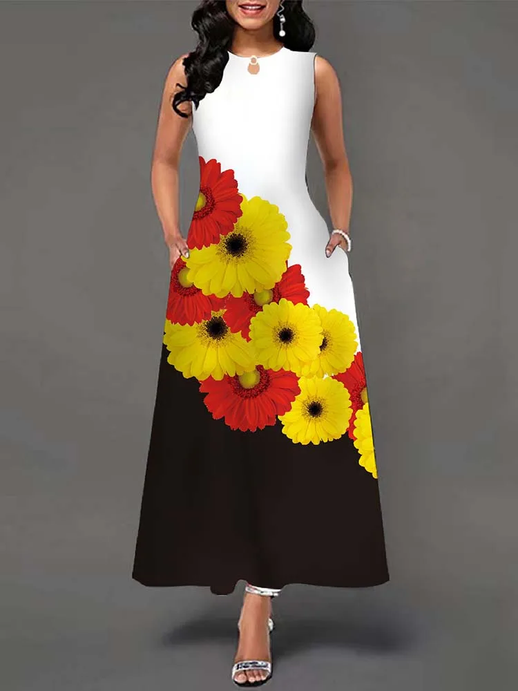 Elegant Summer Boho Long Dress Sleeveless Casual Floral Print Maxi Dress for Women Perfect for Beach Party