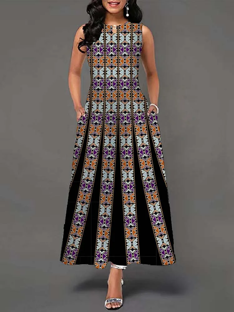 Elegant Summer Boho Long Dress Sleeveless Casual Floral Print Maxi Dress for Women Perfect for Beach Party