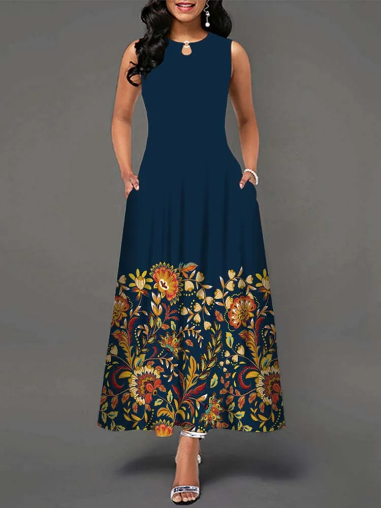 Elegant Summer Boho Long Dress Sleeveless Casual Floral Print Maxi Dress for Women Perfect for Beach Party