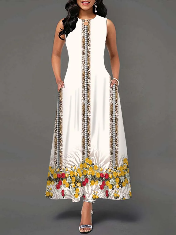 Elegant Summer Boho Long Dress Sleeveless Casual Floral Print Maxi Dress for Women Perfect for Beach Party