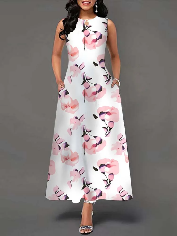 Elegant Summer Boho Long Dress Sleeveless Casual Floral Print Maxi Dress for Women Perfect for Beach Party