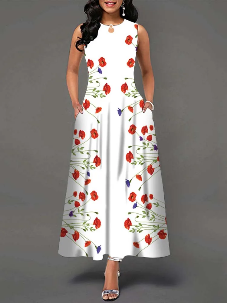 Elegant Summer Boho Long Dress Sleeveless Casual Floral Print Maxi Dress for Women Perfect for Beach Party
