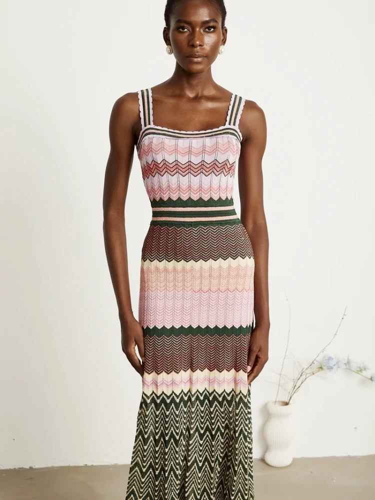Luxury Brand Design Knitted Zigzag High Elasticity Color Sleeveless Long Maxi Dress Women Arab Africa Popular Boho Lady Skirt