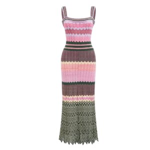 Luxury Brand Design Knitted Zigzag High Elasticity Color Sleeveless Long Maxi Dress Women Arab Africa Popular Boho Lady Skirt