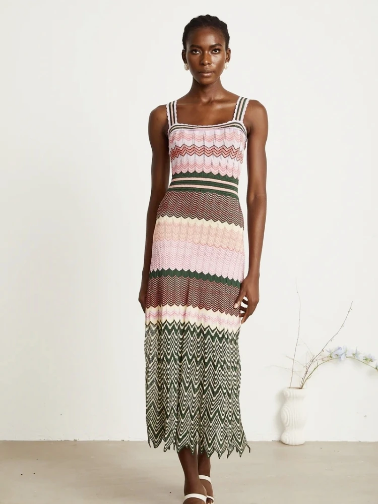 Luxury Brand Design Knitted Zigzag High Elasticity Color Sleeveless Long Maxi Dress Women Arab Africa Popular Boho Lady Skirt